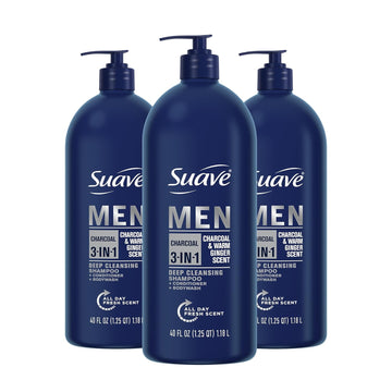 Suave Men Shampoo Conditioner Bodywash 3 in 1 Charcoal &Warm Ginger to Cleanse and Nourish Hair and Skin, 40 oz Pack of 3