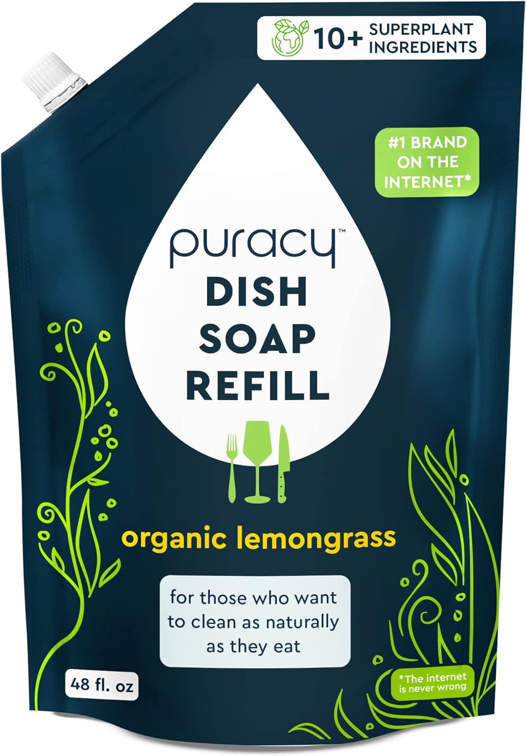 Puracy Natural Dish Soap Refill, Skin-Softening Plant-Based Liquid Dishwashing Detergent Soap, Clean-Rinsing Water-Sheeting Formula, (Organic Lemongrass 48 Oz)