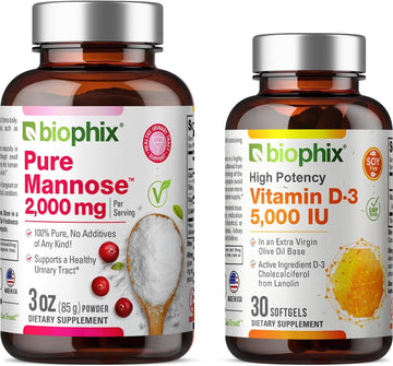 Biophix Pure Mannose Powder 2000 Mg 3 Oz - Free Vitamin D-3 5000 Iu 30 Softgels - Supports Urinary Bladder Tract Health