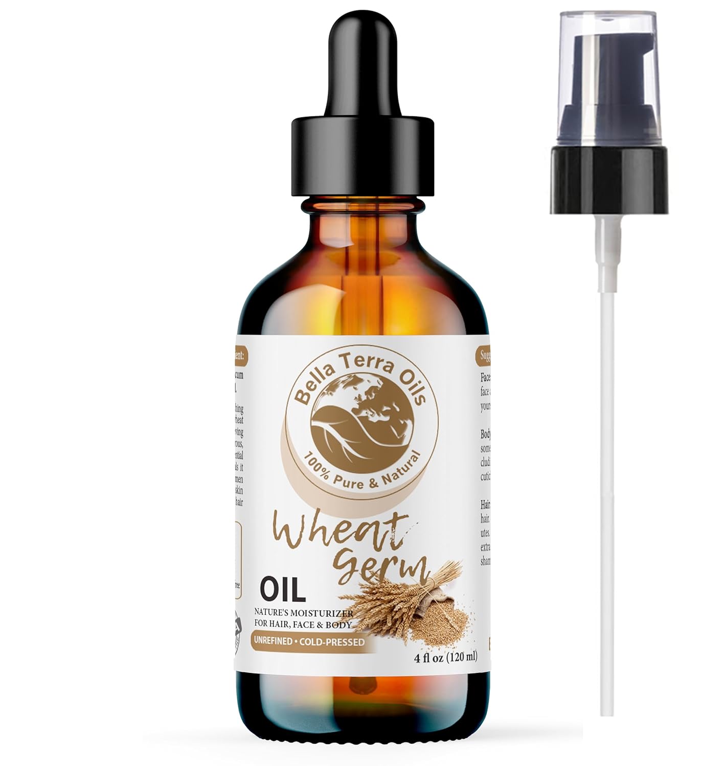Bella Terra Oils - Organic Wheat Germ Oil 4oz - A Symphony of Vitamin E & C, Pure Essence of Face Oil, Dive into Natural Glow & Suppleness