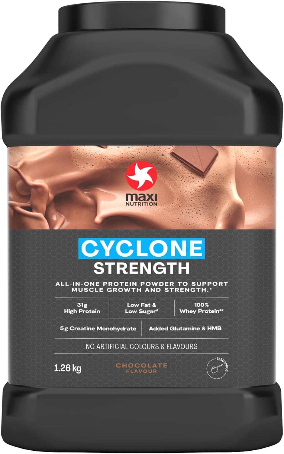 MaxiNutrition - Cyclone, Chocolate - Premium Whey Protein Powder with Added Creatine ? Low in Sugar and Fat, Vegetarian-Friendly - 31g Protein, 204 kcal per Serving, 1.26kg