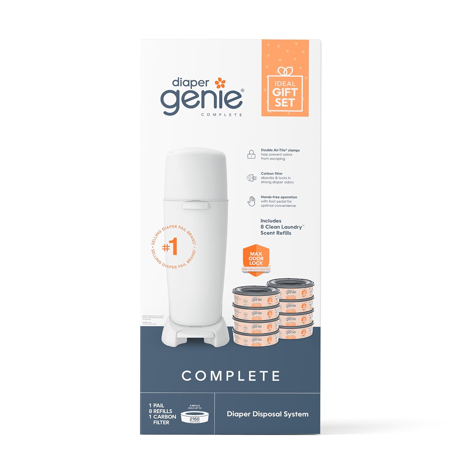 Diaper Genie Registry Gift Set | Includes Diaper Genie Complete Diaper Pail, 8 Refill Bags, 1 Carbon Filter | Perfect Starter Kit