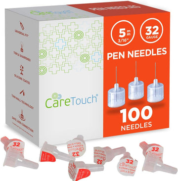 Care Touch Pen Needle 32 Gauge, 0.2"-5Mm - Set Of 100 Diabetic Fine Needles - Triple Sharpened, Silicone Coated Bevel, Thin Wall Technology, & Secure Attachment - Compatible With Most Insulin Pens