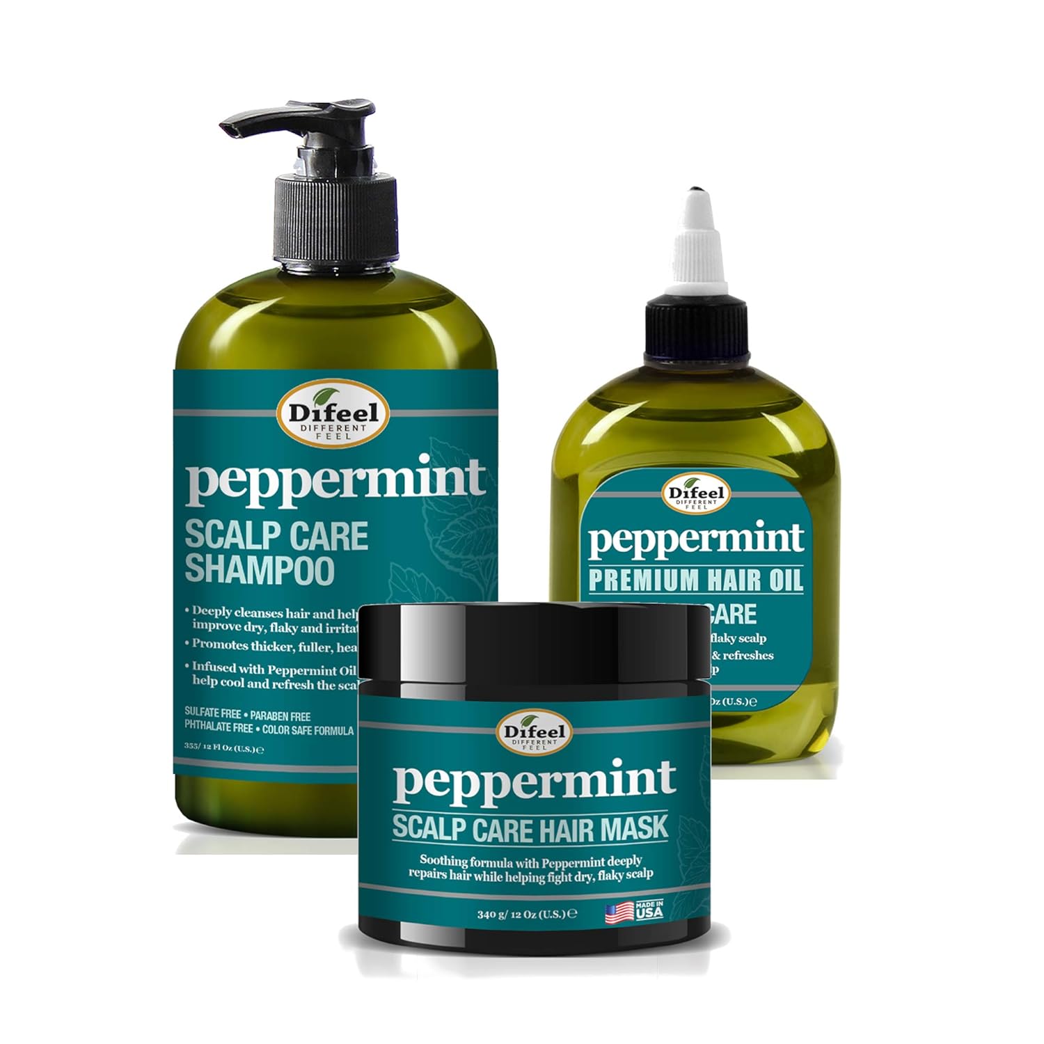 Difeel Peppermint Scalp Care 3-Pc Hair Care Set - Includes Shampoo 12Oz, Hair Mask 12Oz, And Hair Oils 8Oz