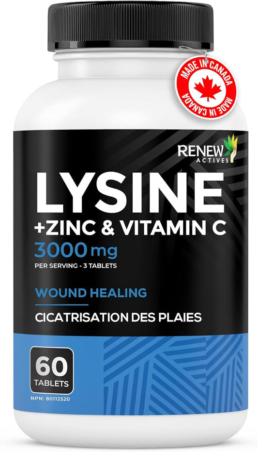 Renew Actives L-Lysine 1000 Mg Per Serving With Zinc & Vitamin C – Supports Immune Function, Collagen Formation, Antioxidant Support, & Healthy Skin, Hair, & Nails – Made In Canada – 60 Tablets