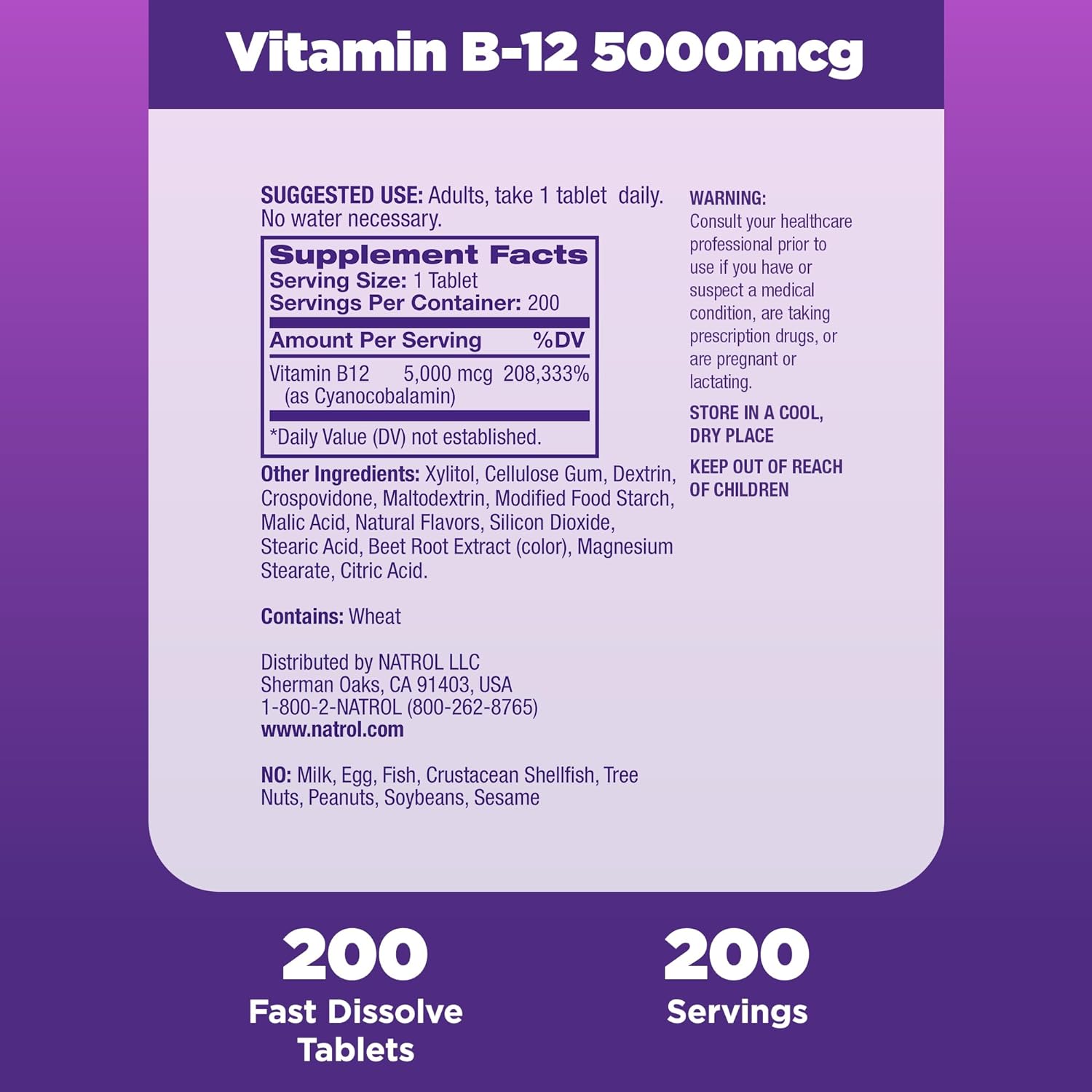 Natrol Vitamin B-12 5000mcg, Dietary Supplement for Cellular Energy Production & Healthy Nervous System Support, 200 Strawberry-Flavored Fast Dissolve Tablets, 200 Day Supply : Health & Household