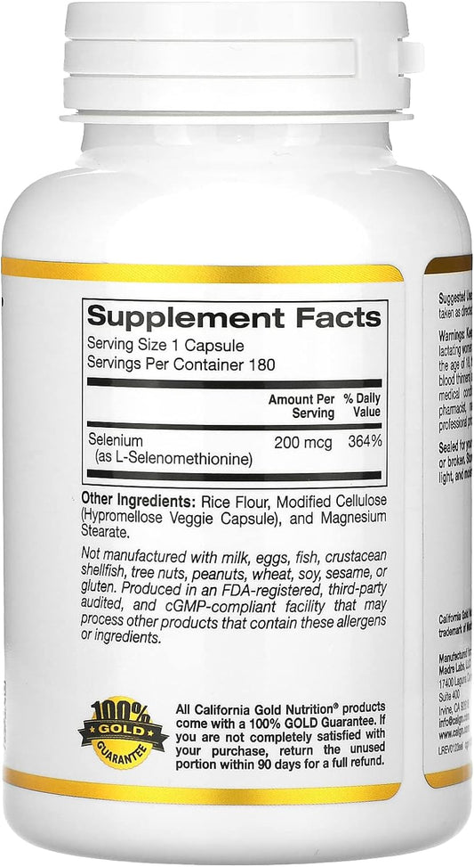 California Gold Nutrition Selenium, L-Selenomethionine, Essential Mineral Antioxidant Support, Yeast-Free, 200 mcg, 180 Veggie Capsules