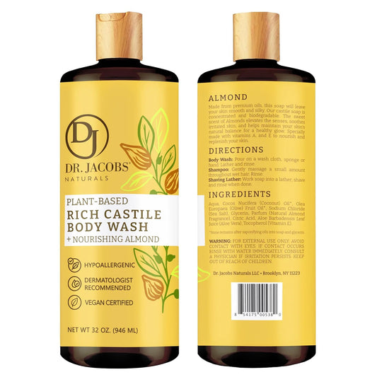 Dr. Jacobs Naturals Castile Peppermint All-Natural Body Wash For Moisturizing Dry And Sensitive Skin With Plant-Based Ingredients With Pump - 32 Ounce