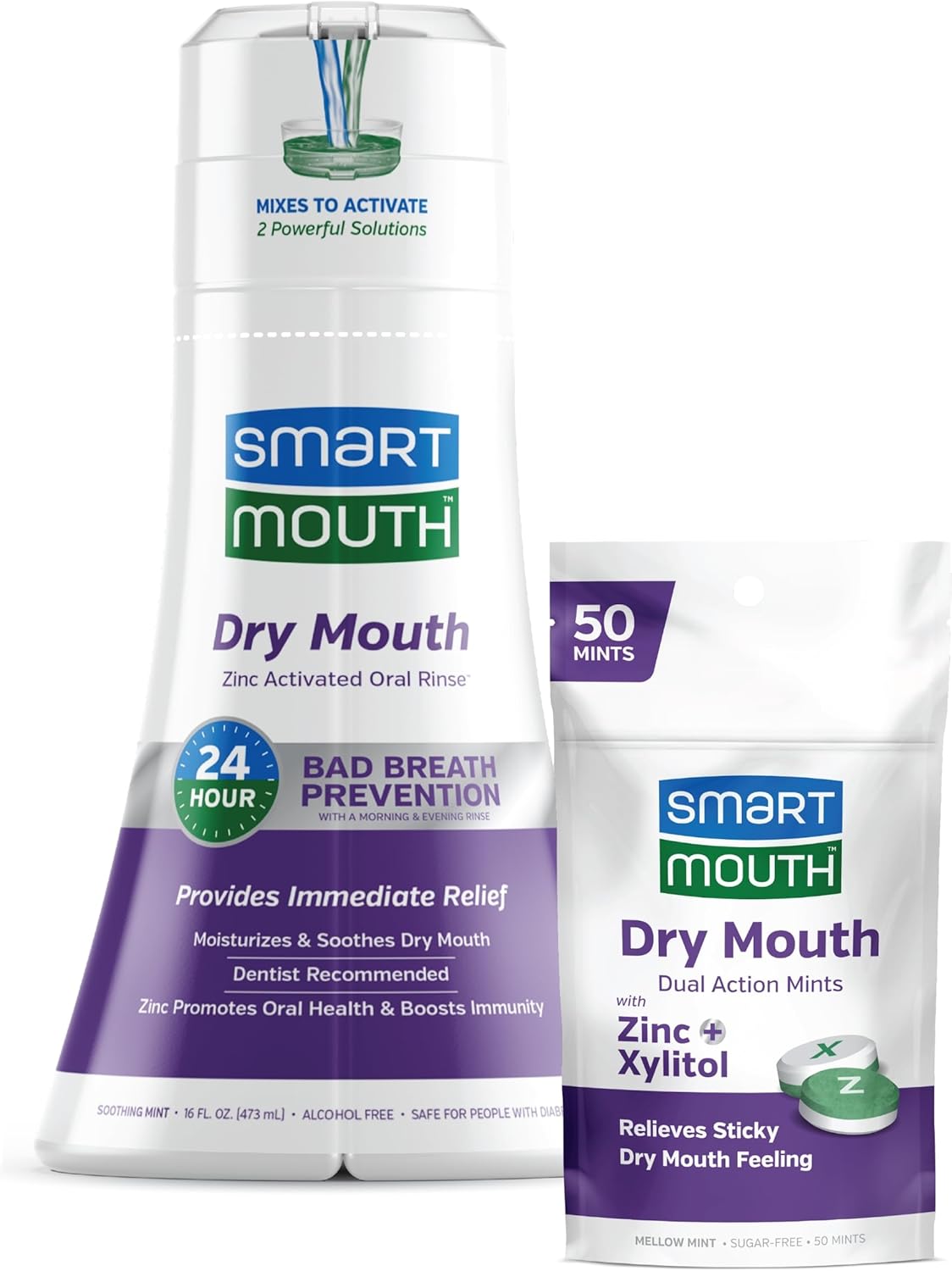 Smartmouth Package With Dry Mouth Activated Mouthwash - 16 Fl Oz, Soothing Mint & Dry Mouth Dual-Action Mints - 50 Count, Mellow Mint