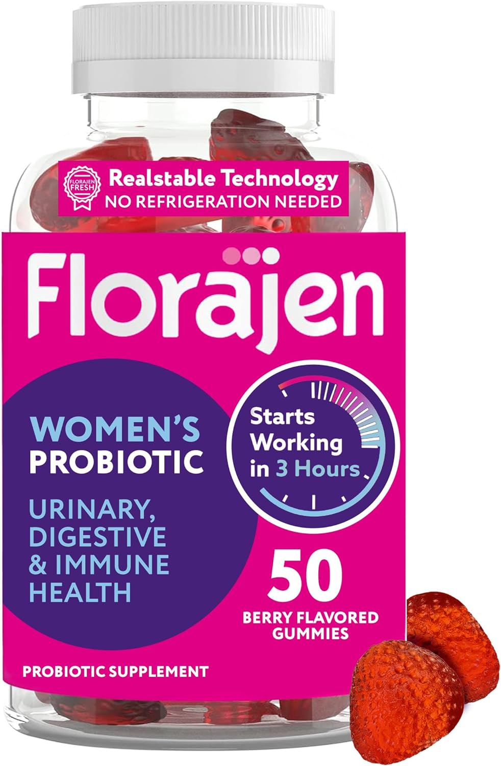 Florajen Women's Probiotics Gummies, Immune Support Supplement for Urinary and Digestive Health, 50 Count