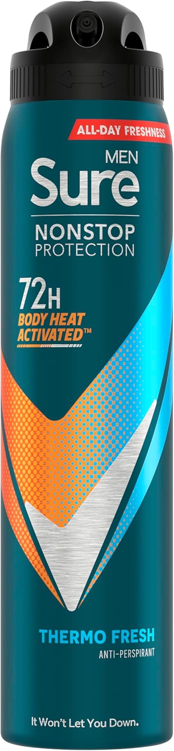Sure Thermo Fresh Nonstop Protection Antiperspirant Deodorant With Body Heat Activated Technology Aerosol Spray For 72-Hour Sweat And Odour Protection 250 Ml