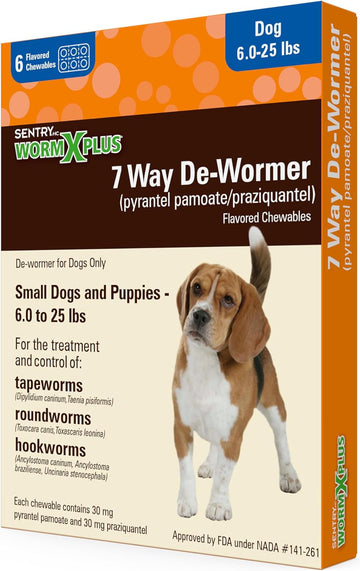 WORM X PLUS 7 Way De-Wormer (pyrantel pamoate/ praziquantel), for Puppies and Small Dogs, 6-25 lbs, Chewable, 6 Count