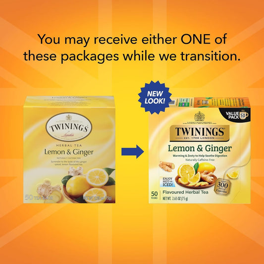 Twinings Lemon & Ginger Herbal Tea, 50 Count Pack Of 1, Individually Wrapped Bags, Tangy Lemon & Spicy Ginger, Decaffeinated