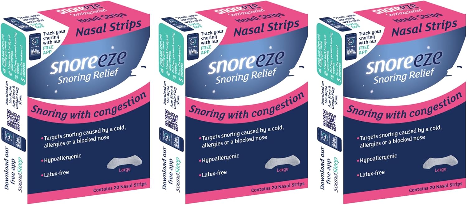 Snoreeze Anti-Snoring Nasal Strips - Snoring Aids For Men And Women To Improve Airflow - Nose Strips To Reduce Snoring With Nasal Congestion - Use With Mobile App - Large, Triple Pack- 60 Count