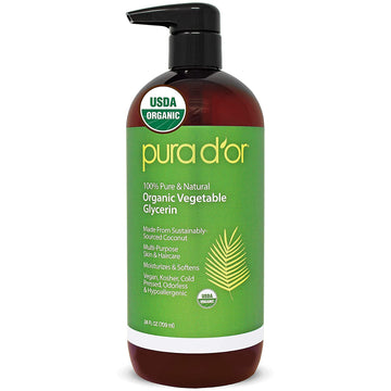 Pura D'Or Organic Vegetable Glycerin (24Oz) Derived From Coconut,100% Pure Premium Grade,Clear & Odorless,Non-Gmo,Usp Grade,Kosher,Vegan,Cold Pressed,Hair,Skin & Diy Base (Packaging May Vary)