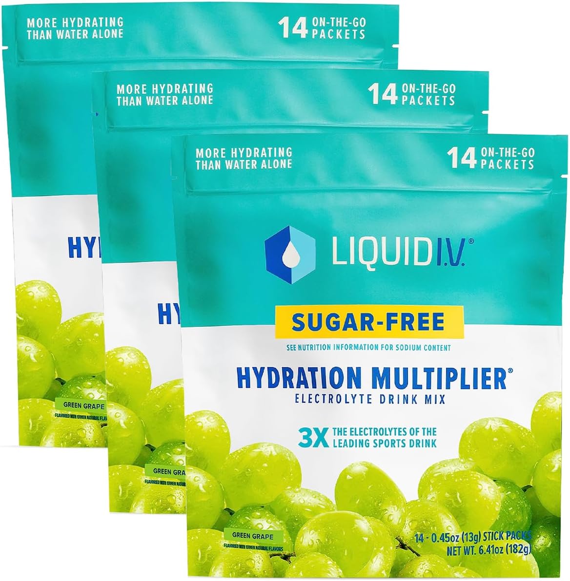 Liquid I.V. Sugar-Free Hydration Multiplier - Green Grape ? Sugar-Free Hydration Powder Packets | Electrolyte Powder Drink Mix | Easy Open Single-Serving Sticks | Non-GMO | 3 Pack (42 Servings)