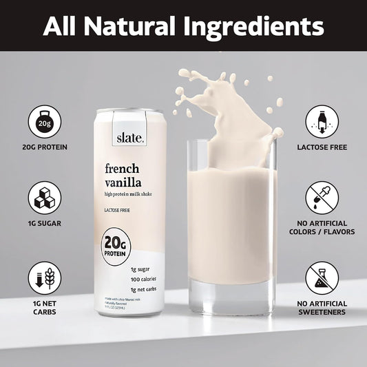 Slate Milk - High Protein Milk Shake - French Vanilla - Lactose Free, 20G Protein, 1G Sugar, 100 Calories, 1G Net Carbs, No Added Sugar - Natural, Breakfast Boost, Post Workout - 11 Fl Oz, 12 Cans