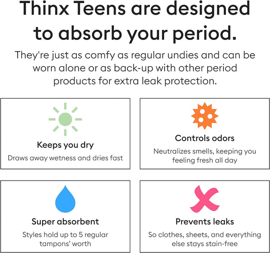 Thinx Teens Shorty Period Underwear for Teens, Cotton Underwear Holds 5 Tampons, Feminine Care Period Panties