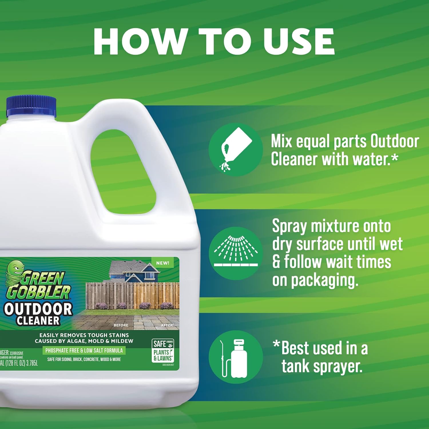 Green Gobbler Outdoor Cleaner Concentrate | Mold & Mildew Stain Remover | Safe for Siding, Brick, Concrete, Wood & More | Phosphate-Free, Low Salt Formula, Safe Near Plants | 1 Gallon : Patio, Lawn & Garden