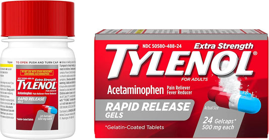 Tylenol Extra Strength Acetaminophen Rapid Release Gels, Extra Strength Pain Reliever & Fever Reducer Medicine, Gelcaps With Laser-Drilled Holes, 500 Mg Acetaminophen, 24 Ct