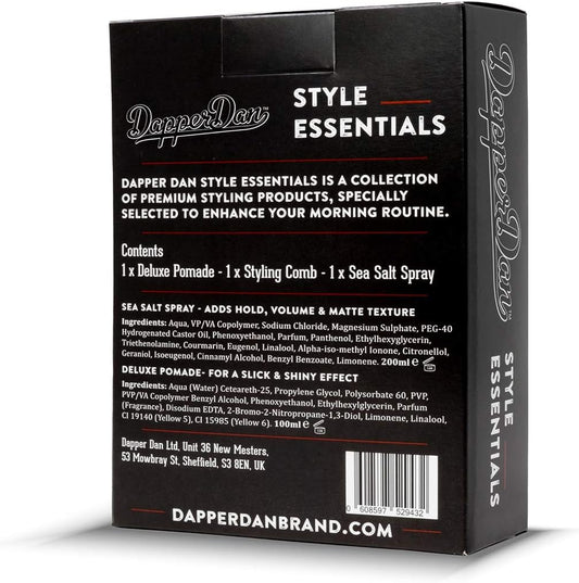Dapper Dan Style Essentials Gift Pack, With Medium Hold Medium Shine Deluxe Pomade 100Ml, Texturising Sea Salt Spray 200Ml And Hand Made Styling Comb