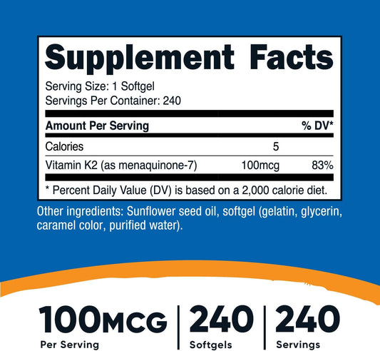 Nutricost Vitamin K2 Mk-7 100 Mcg, 240 Softgels - Gluten Free And Non-Gmo Mk7