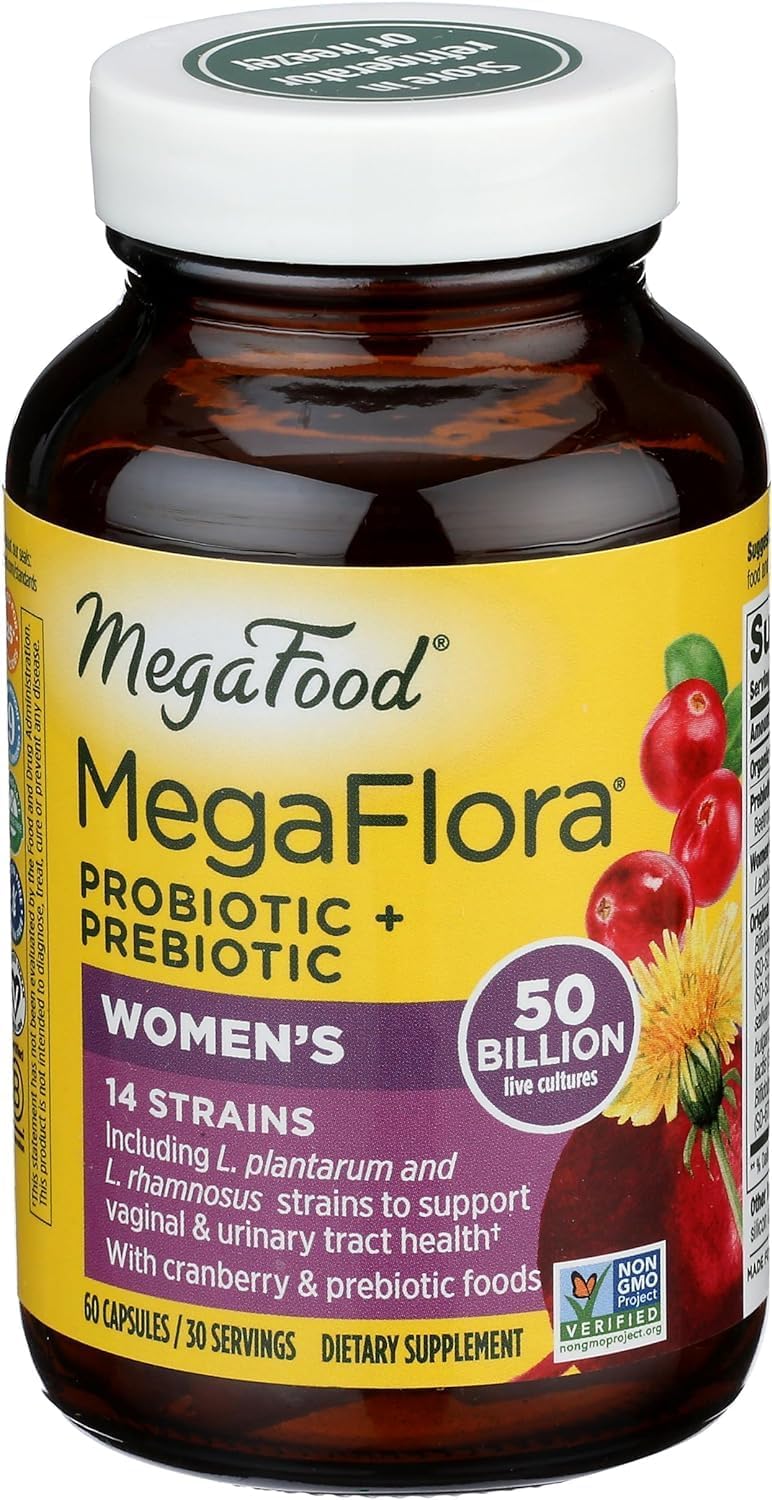 Megafood Megaflora Probiotics For Women + Prebiotics - Probiotic With 14 Strains & 50 Billion Cfus - With Cranberry - Vegan & Non-Gmo - Made Without 9 Food Allergens - 60 Caps (30 Servings)