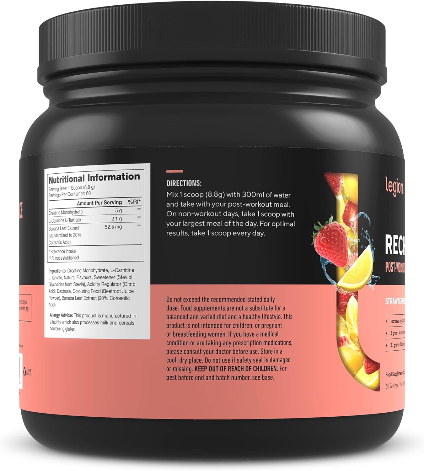 LEGION Recharge Post Workout Supplement (Strawberry Lemonade) - All Natural Muscle Builder & Recovery Drink with Micronized Creatine Monohydrate. Naturally Sweetened & Flavored 60 Serving : Health & Household