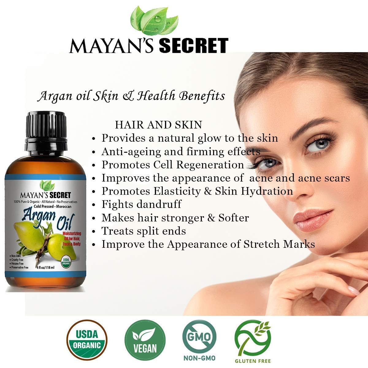 Mayan'S Secret - 4Oz Organic Argan Oil For Hair Growth, Skin, Face, Nails, Beard & Cuticles - Nourishing And Soothing Oil For Face And Body : Beauty & Personal Care