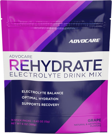 Advocare Rehydrate Electrolyte Drink Mix - Hydration & Recovery Drink With Sodium, Potassium & More - Grape, 14 Stick Packs