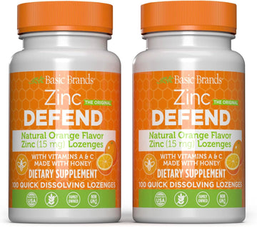 Basic Brands ? Zinc Orange Defend - 100 Lozenges - Natural Orange Flavor Zinc?Lozenges - Immune Boost, Cold Relief, Non-GMO, Zinc Acetate & Vitamin C - 2-Pack