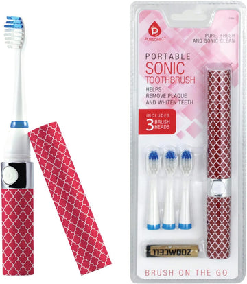 Pursonic Portable Sonic Toothbrush Battery Operated, Battery Included, 3 Brush Heads Included, 22,000 Strokes Per Minute, Brush On The Go (Usa)
