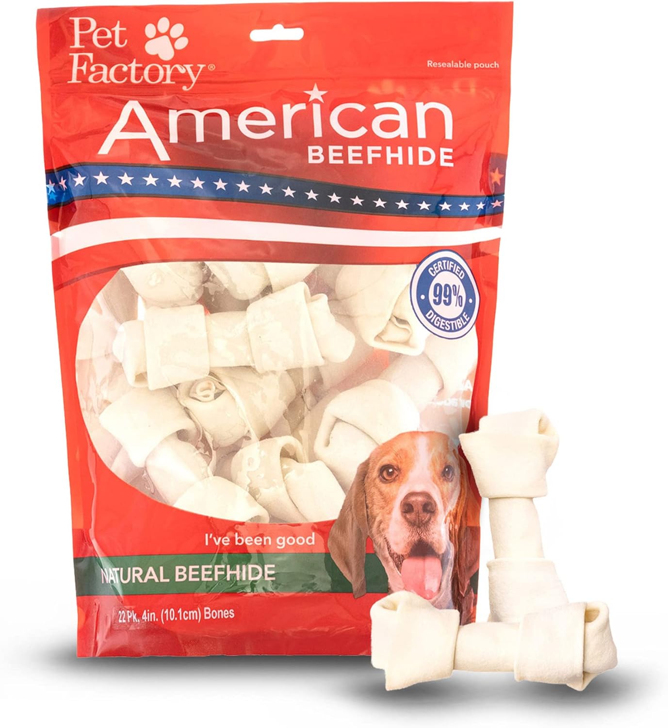 Pet Factory American Beefhide 4-5" Knotted Bones Dog Chew Treats - Natural Flavor, 22 Count/1 Pack