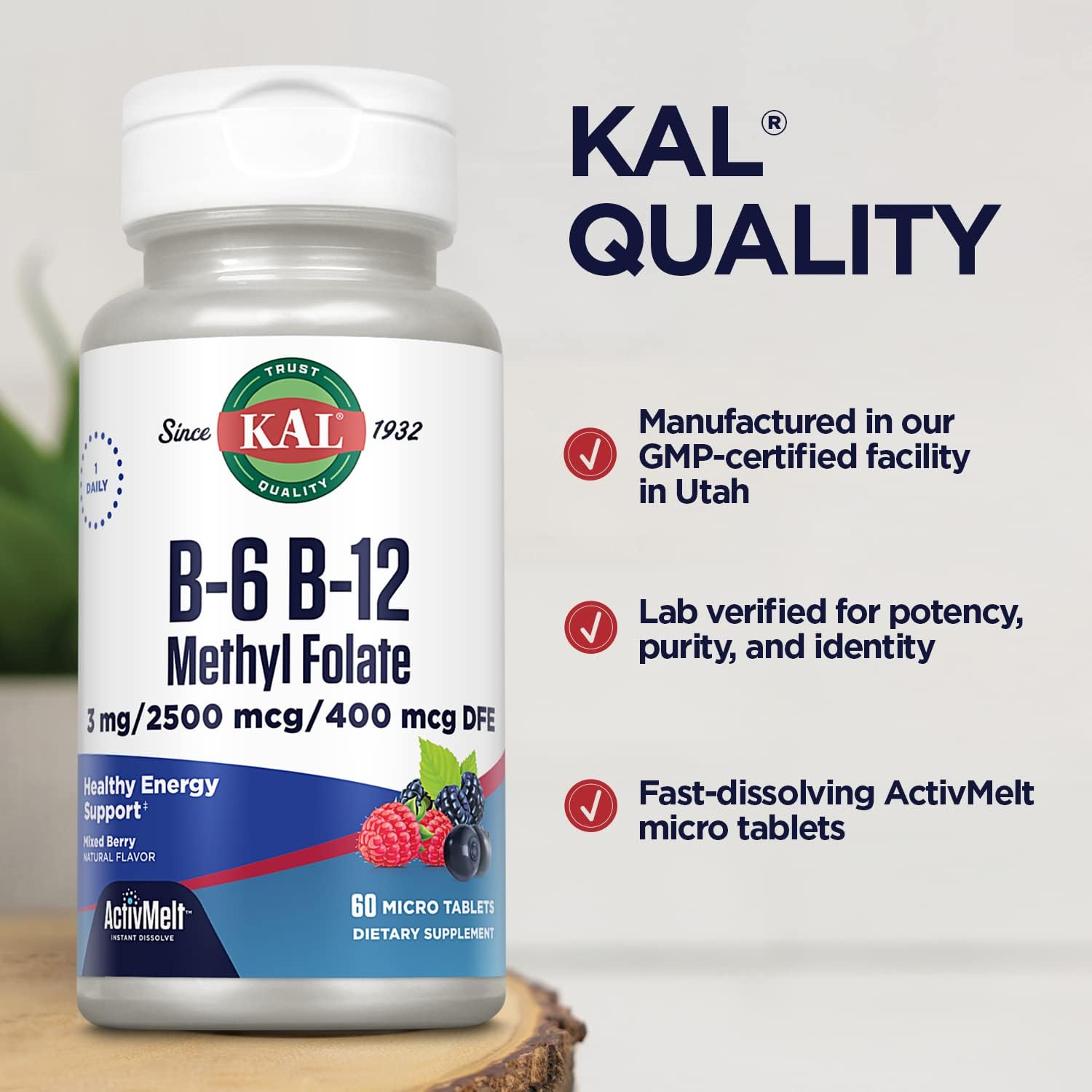 KAL Vitamin B-6 B-12 Methyl Folate ActivMelt, Vitamin B Supplement, Heart Health, Energy and Red Blood Cell Support with Methyl B12 and DFE Folic Acid, Natural Berry Flavor, 60 Servings, 60 Micro Tabs : Health & Household