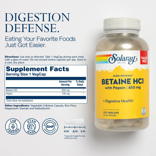 Solaray Betaine Hcl With Pepsin - High Potency Hydrochloric Acid Formula - Digestive Health Supplement With Digestive Enzymes For Gut Health Support - 60-Day Guarantee (275 Servings, 275 Veg Caps)