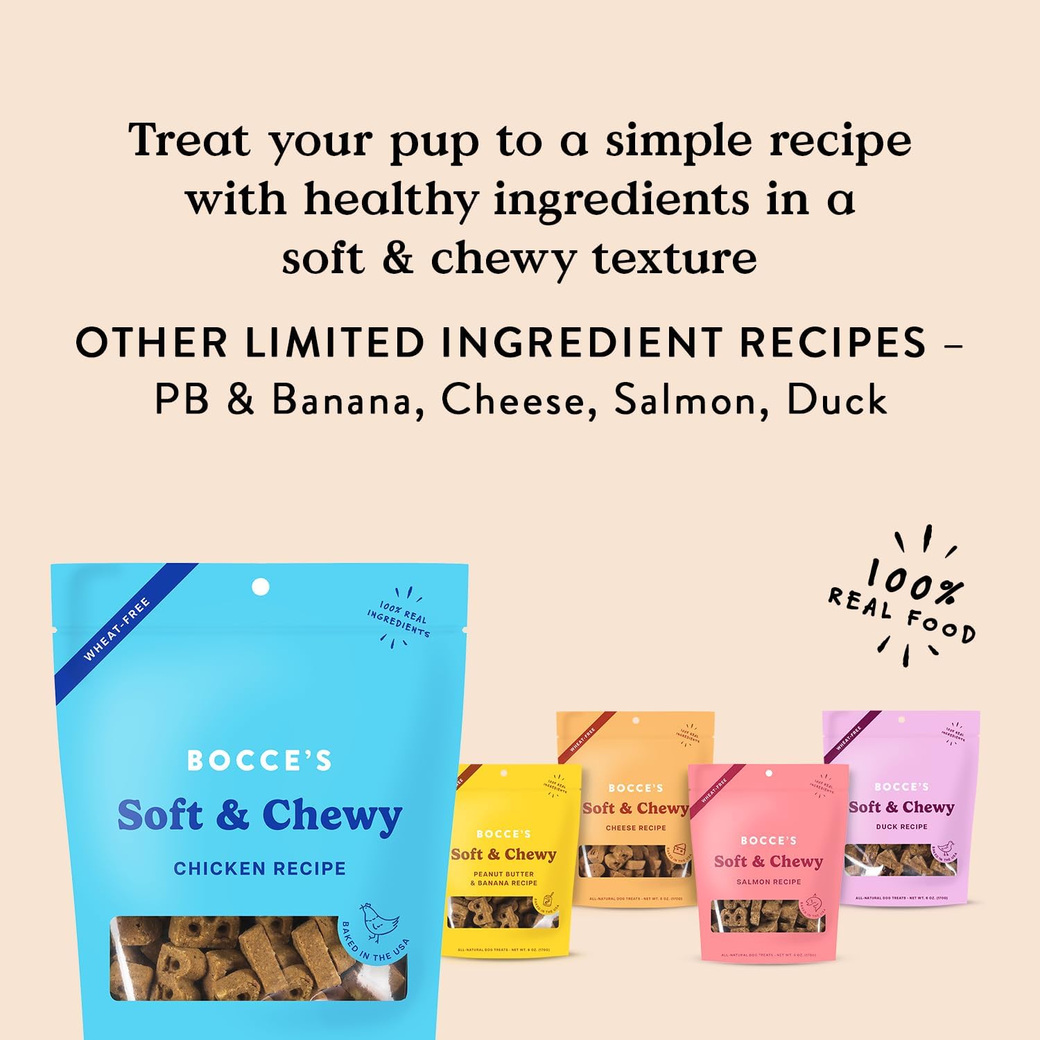 Bocce's Bakery Oven Baked Chicken Recipe Treats for Dogs, Wheat-Free Everyday Dog Treats, Made with Real Ingredients, Baked in The USA, All-Natural Soft & Chewy Cookies, Chicken, 6 oz : Pet Supplies