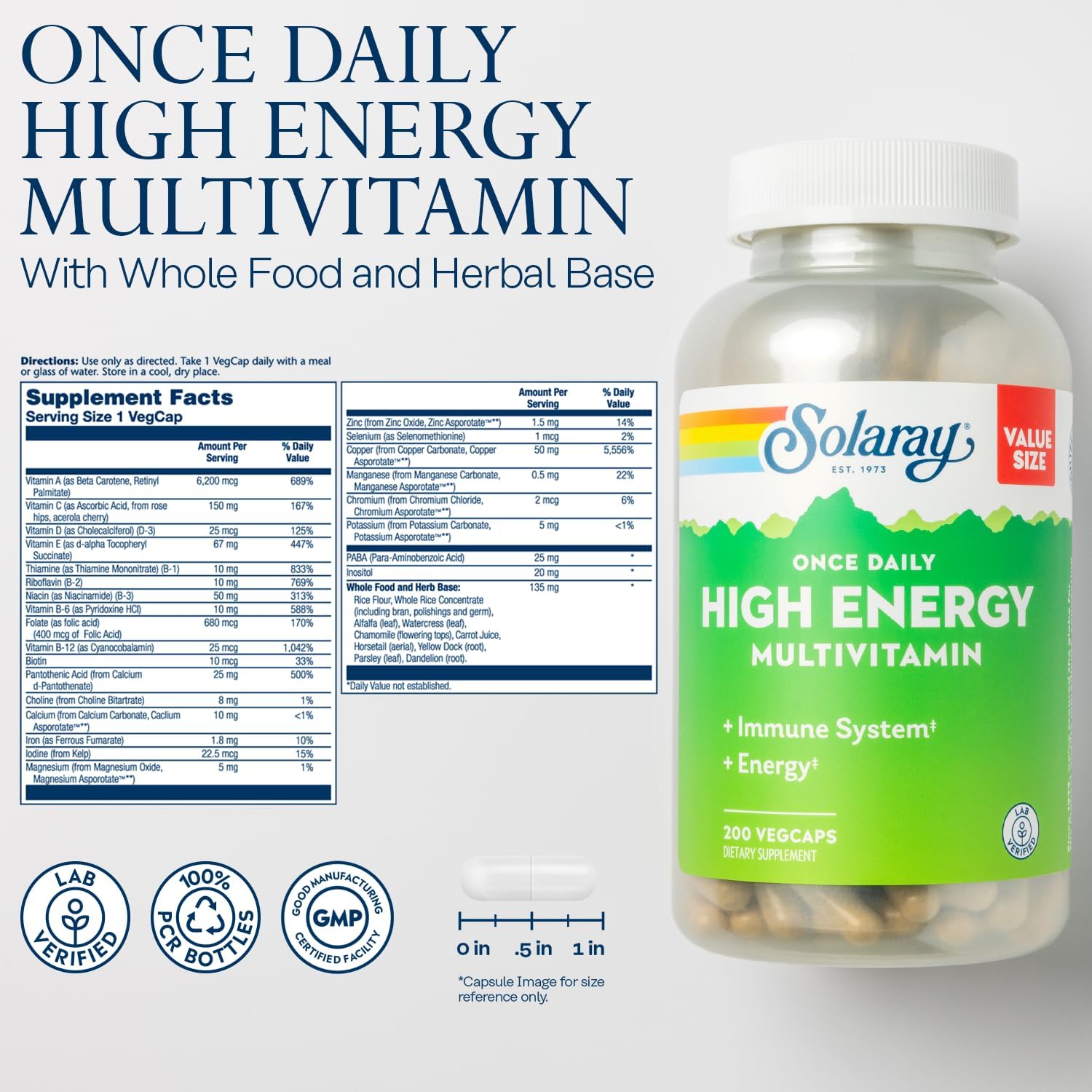 SOLARAY Once Daily High Energy Multivitamin, Immune System and Energy Support, Whole Food and Herb Base Ingredients, Men’s and Women’s Multi Vitamin, 200 Servings, 200 VegCaps