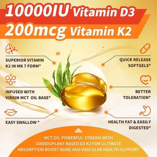 Plant-Based D3 K2 Vitamin 10000 Iu W/Virgin Coconut Mct Oil - 200 Mcg Mk7 Vitamin K2, Non-Gmo For Ultimate Absorption - Bone, Immune & Heart Health - Easy To Swallow D & K Supplement - 250 Softgels