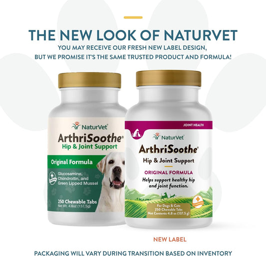 NaturVet ArthriSoothe Hip & Joint Formula Pet Supplement for Dogs & Cats – Includes Glucosamine, MSM, Chondroitin, Boswellia, Green Lipped Mussel – Supports HIPS, Joints – 250 Ct