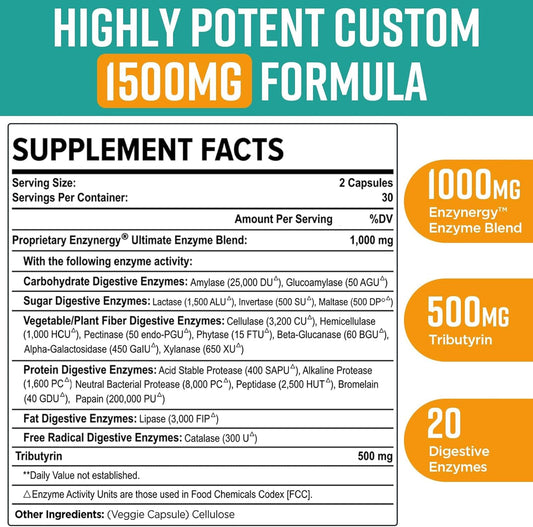 Digestive Enzymes 1000Mg With Postbiotics, 20 Enzyme Blend For Bloating, Optimal Digestion And Gut Function, 60 Veggie Capsules
