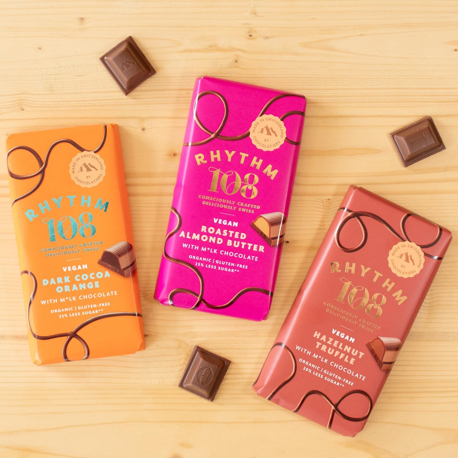 RHYTHM 108 Swiss Vegan Organic Hazelnut Truffle Bar with M'lk Chocolate 100g : Amazon.co.uk: Grocery