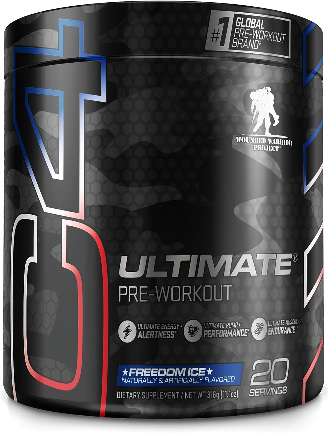 C4 Ultimate x Wounded Warrior Project Pre Workout Powder Freedom Ice - Sugar Free Preworkout Energy Supplement for Men & Women - 300mg Caffeine + 3.2g Beta Alanine + 2 Patented Creatines - 20 Servings