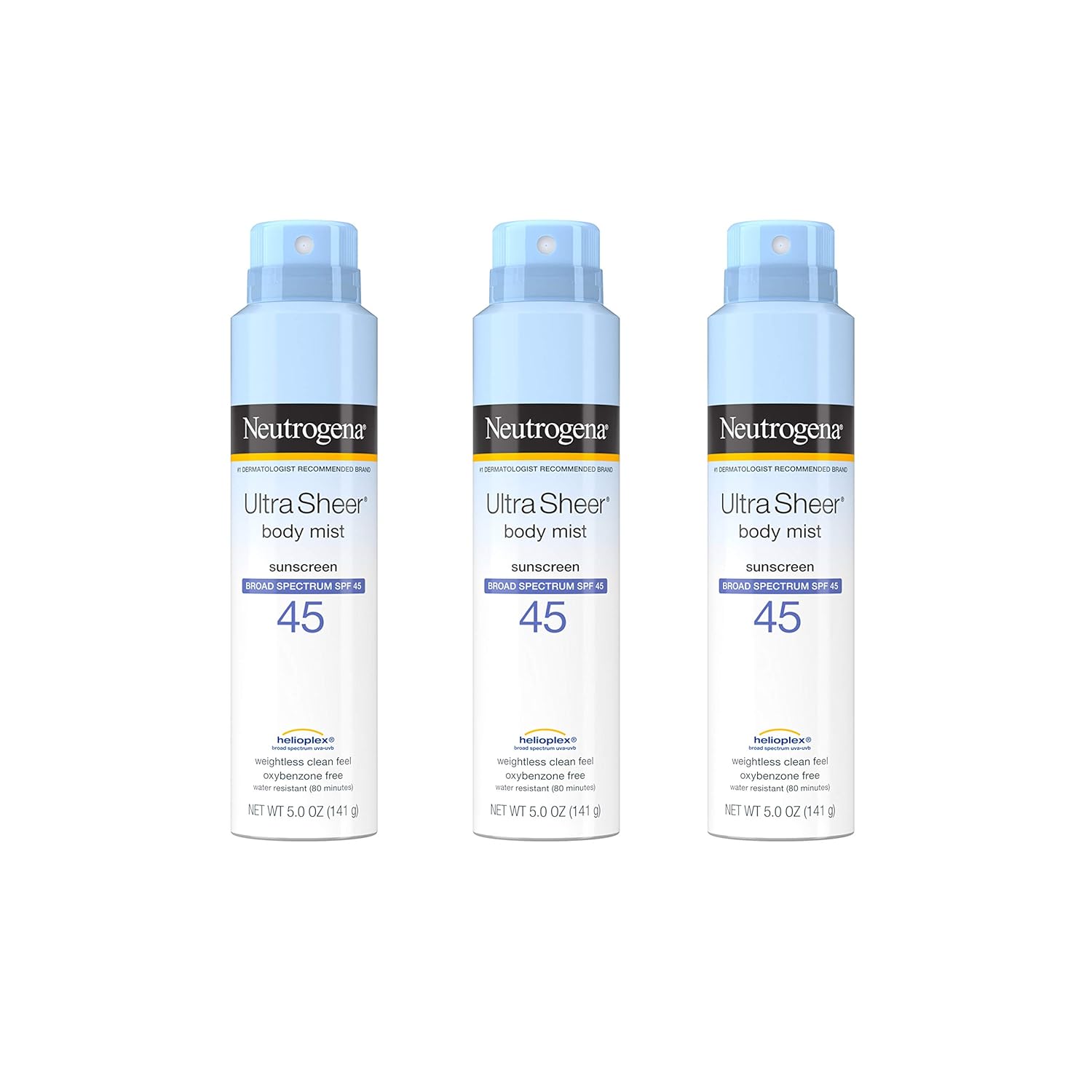 Neutrogena Ultra Sheer Body Mist Sunscreen Spray Broad Spectrum SPF 45, Lightweight, Non-Greasy and Water Resistant, Oil-Free and Non-Comedogenic UVA/UVB Mist, 5 oz, Pack of 3