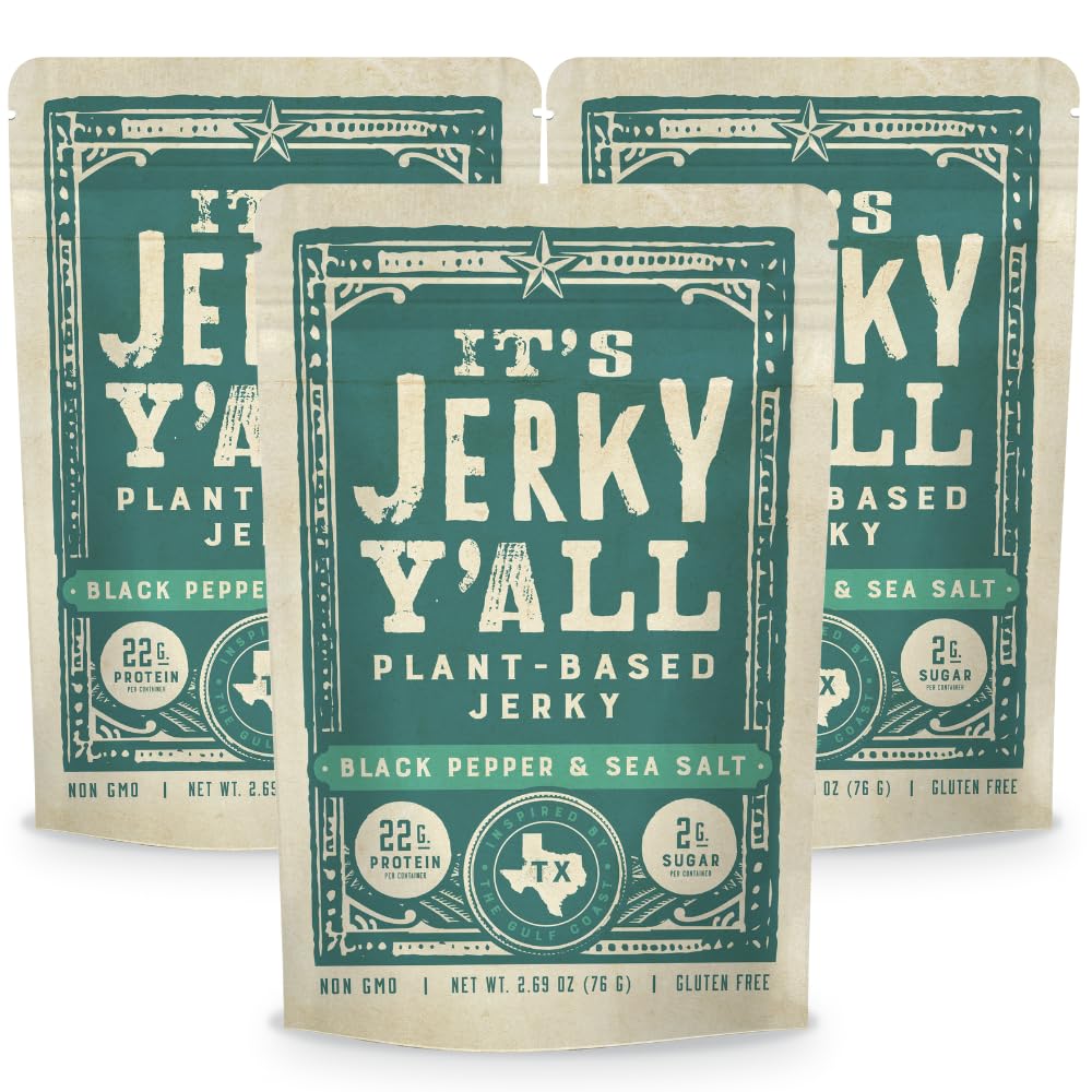 It's Jerky Y'all Vegan Jerky SEA SALT & PEPPER - Beyond Tender and Tasty Vegan Snacks - High Protein, Low Carb, Non-GMO, Gluten-Free, Vegetarian, Whole30 (3-Pack)