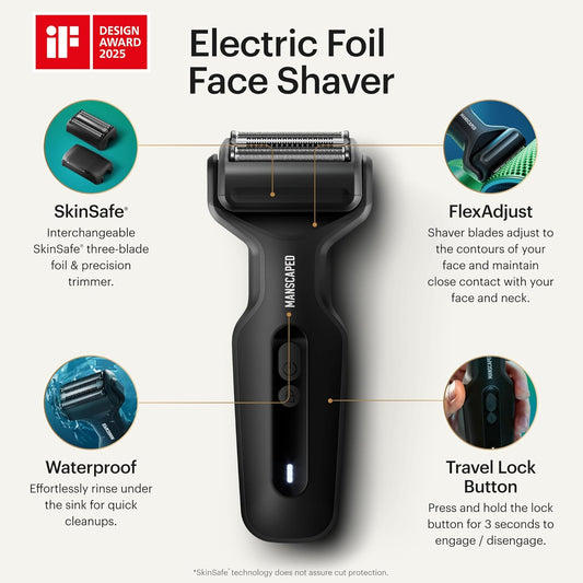 Manscaped® The Chairman™ Plus Men’S Electric Foil Face Shaver - Two Interchangeable Blade Heads, Skinsafe® Three-Blade Foil & Precision Sideburn & Jawline Trimmer, Usb-C Charging, Gentle On Neck Area