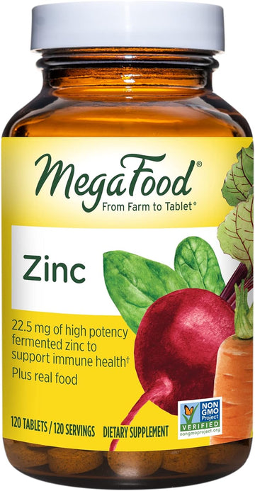 MegaFood Zinc - Immune Support Supplement - High Potency Fermented Zinc Supplements with Nourishing Food Blend - Vegan, Non-GMO, Gluten-Free, and Kosher - Made Without 9 Food Allergens - 120 Tabs