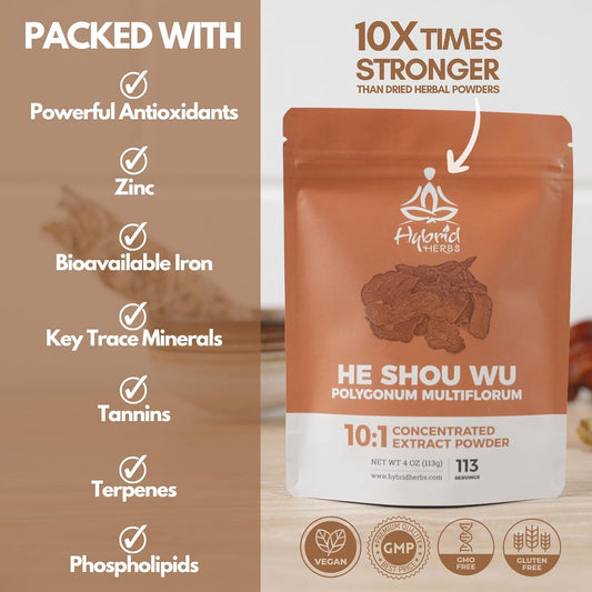 Hybrid Herbs - He Shou Wu Powder 10X Strength - Natural Supplement For Hair Growth & Colour, Skin, Fertility Support, Rich In Antioxidants | Fo-Ti High Potency 10:1 Extract - 113 Servings (113G)