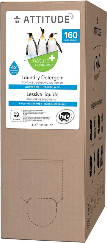 ATTITUDE Liquid Laundry Detergent, EWG Verified Laundry Soap, HE Compatible, Vegan and Plant Based Products, Cruelty-Free, Wildflowers, Bulk Refill, 160 Loads, 135.26 Fl Oz