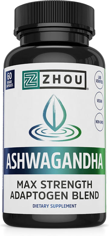 Zhou Nutrition Ashwagandha Capsules, Blend Of Rhodiola, Holy Basil, Cordyceps, Reishi & Ashwagandha Supplement, 30 Servings, 60 Capsules