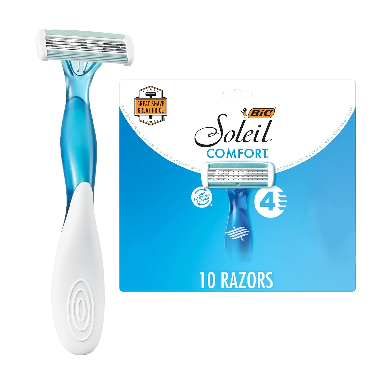 BIC Soleil Comfort Disposable Razors for Women, Sensitive Skin Razor with Aloe Vera and Vitamin E Lubricating Strip and 4 Blades, 10 Piece Razor Set